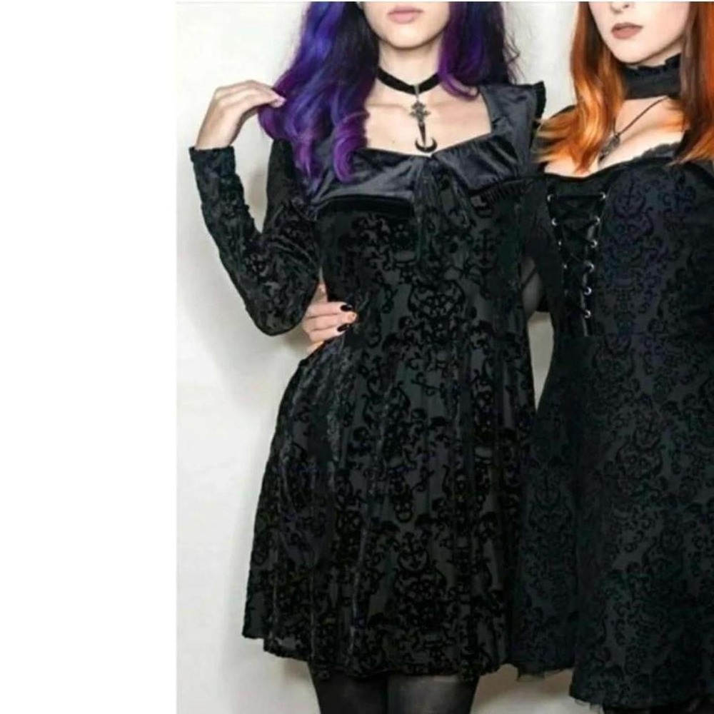 Killstar angelique collared black dress victorian style pattern black velvet‎